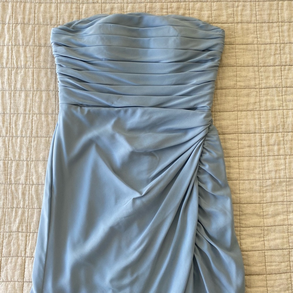 Azazie Blue Strapless Ruched Asymmetrical Cocktail Dress